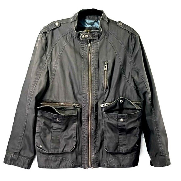 Guess Men's Jacket Sz M Grey Wax Canvas Military Biker Rider Moto Chore Cargo - Picture 1 of 14